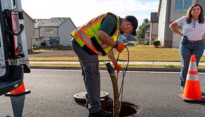 A man works on a sewer in a subdivision
